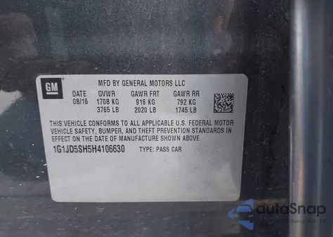 2017 Chevrolet Sonic Lt Auto from USA, damaged, VIN 1G1JD5SH5H4106630